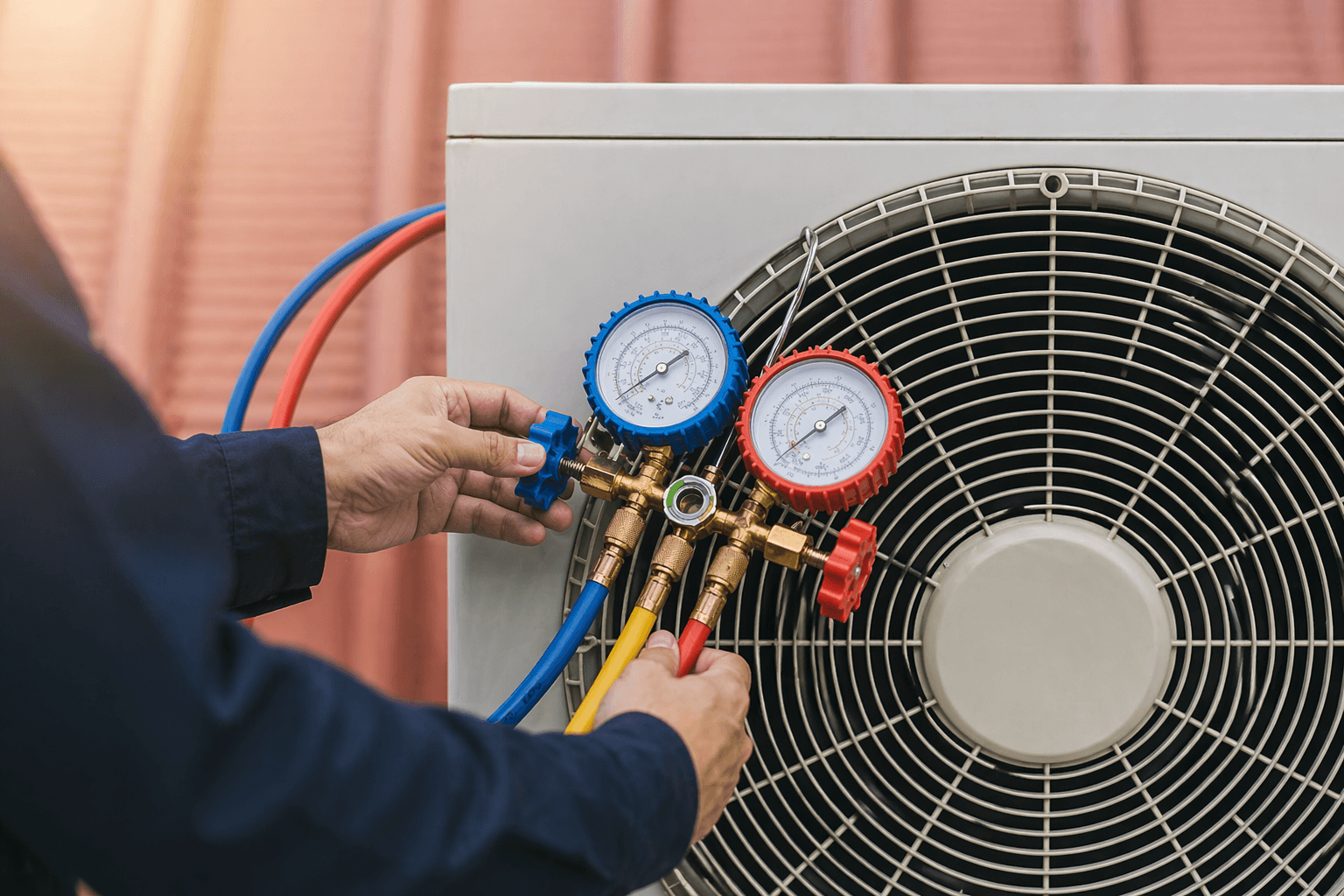 Technician servicing an outdoor air conditioning condenser unit